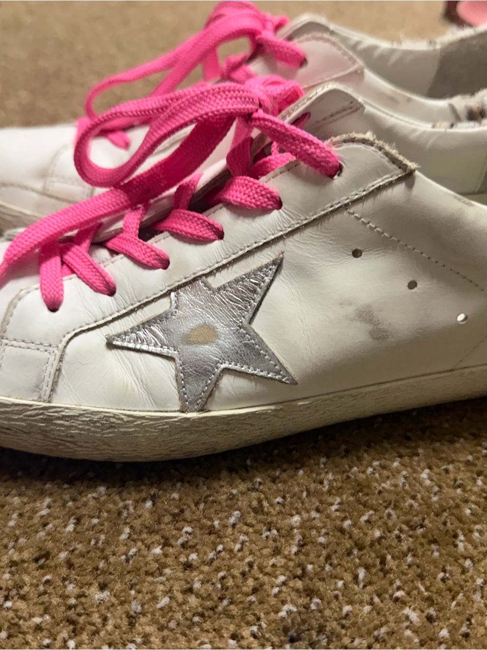 White Leather Golden Goose Star Sneakers with Pink Laces